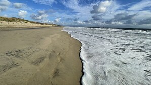Uma praia com céu claro e ondas.
