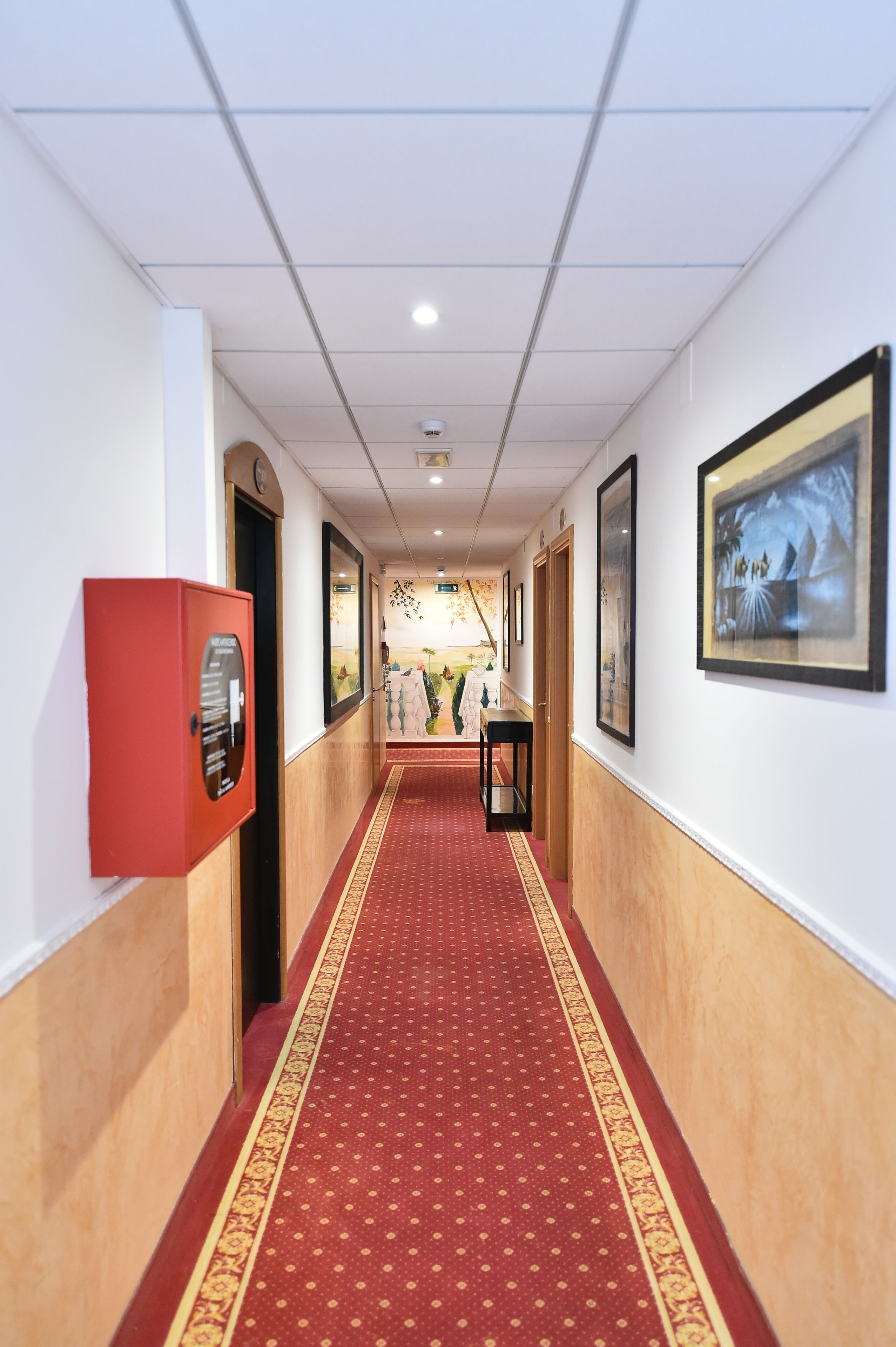 Een hotelgang met een rood tapijt, ingelijste foto's aan de muur en een rode brandmeldknop.