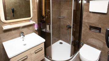 Shower, rainfall showerhead, hair dryer, slippers