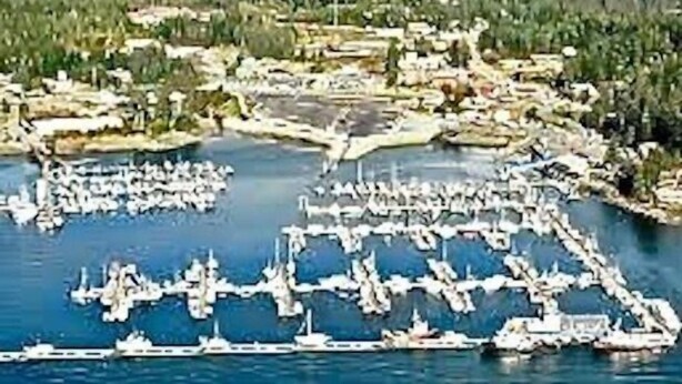 Vista aérea de um porto com muitos barcos estacionados em disposição organizada.