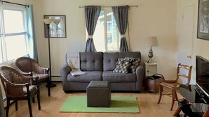 Ett vardagsrum med en grå soffa, två fåtöljer i rotting, en grön matta, en liten pall, ett sidobord med en lampa och en tv.