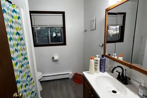 A bathroom with a white sink, a mirror, and a window with blinds. - Kelli's Harbor Suites - In Auke Bay Walking Community - DISCOUNT ON TOURS (Juneau)