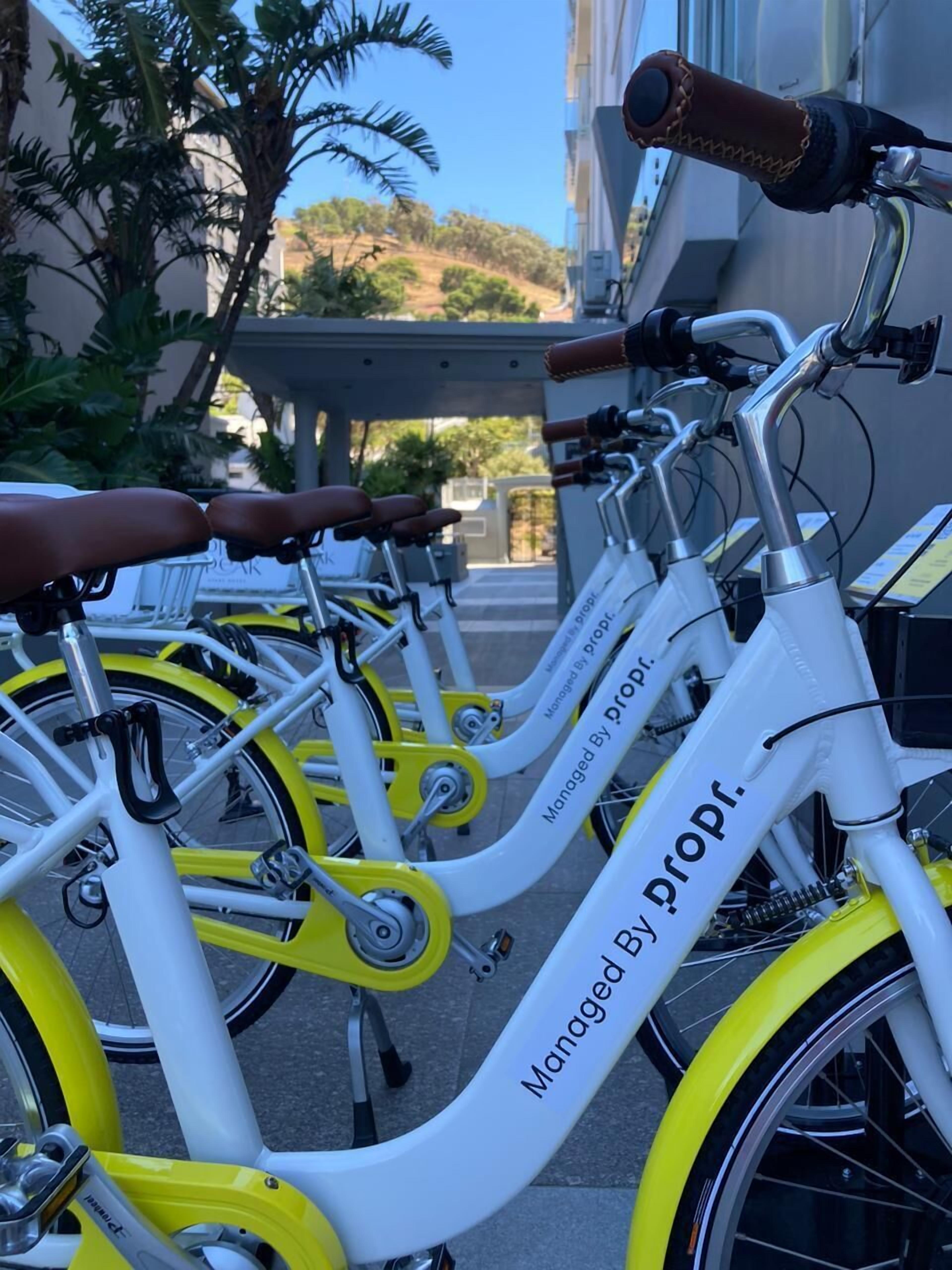 A row of white and yellow bicycles with brown seats, labeled "Managed By propt."