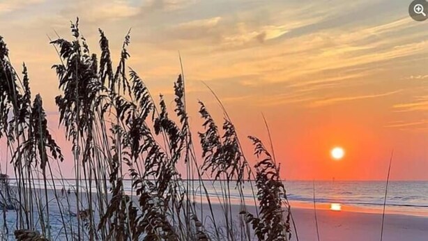 A sunset over a beach with tall grasses in the foreground. - Golfer's Getaway Condo- Players Village TPC (Murrells Inlet)