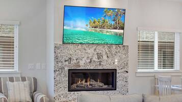 Smart TV, fireplace, books