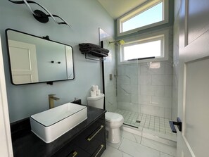 Douche, serviettes fournies, papier toilette