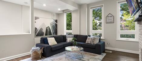 Smart TV, fireplace, books