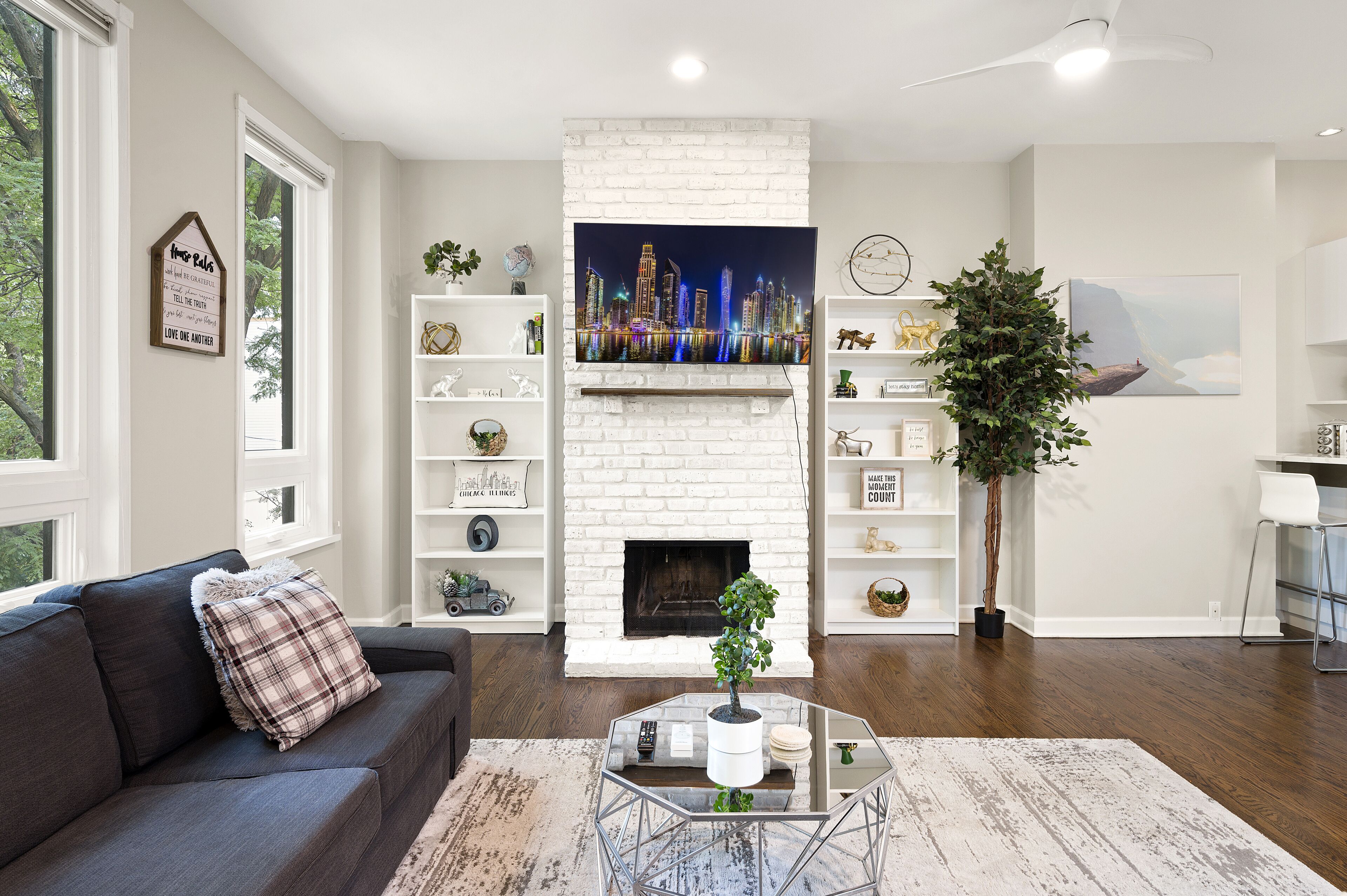 Smart TV, fireplace, books