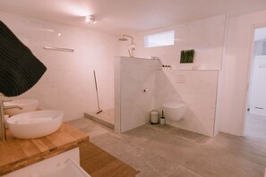 Regadera, secadora de cabello, toallas, papel de baño