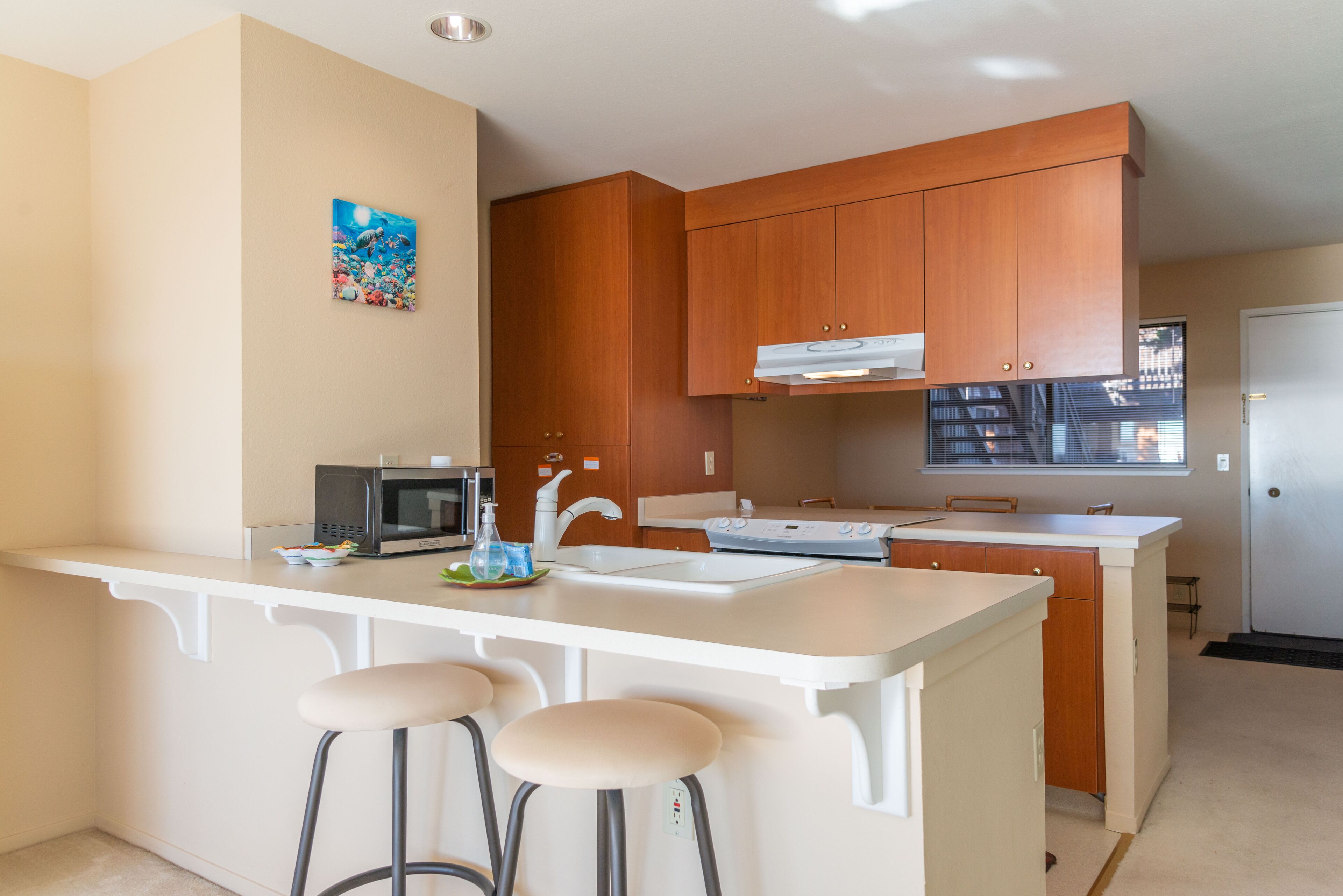 Coffee/tea maker, fridge, microwave, oven