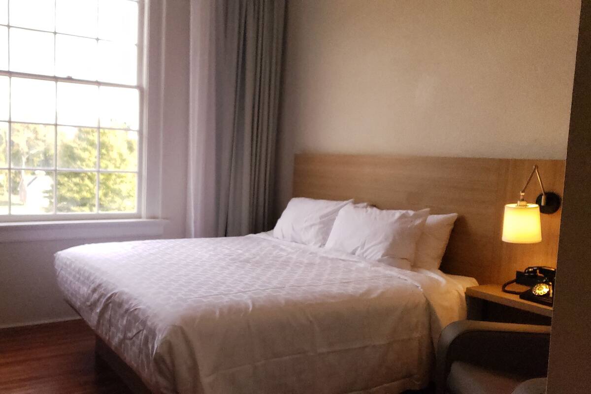 Quarto de hotel com cama, mesa de cabeceira com abajur, janela com cortinas e vista para árvores.