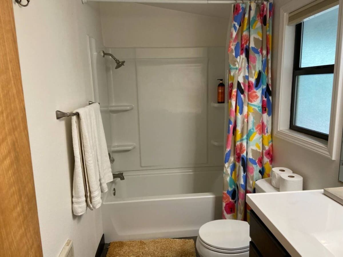 Combined shower/bathtub, hair dryer, shampoo