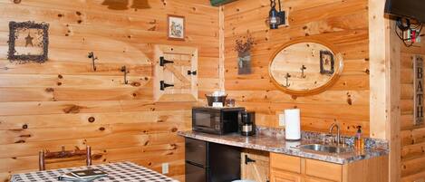 Fridge, microwave, coffee/tea maker, dining tables