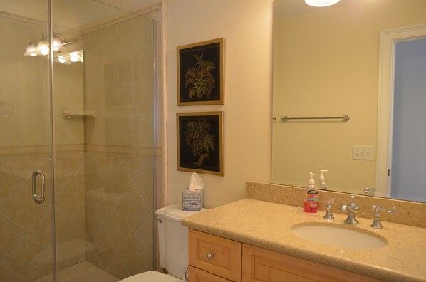 A bathroom with a glass shower enclosure, a sink with a beige countertop, and two framed pictures on the wall. - Sandy Paws - Oceanfront in Surfside Beach, SC (Surfside Beach)