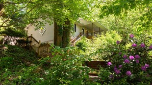 Et hus omgivet af frodig vegetation og blomstrende buske.