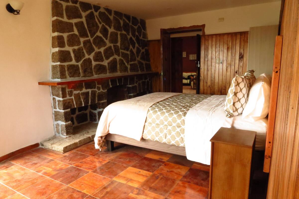 A bedroom with a stone fireplace, a bed with patterned bedding, and a wooden wardrobe.
