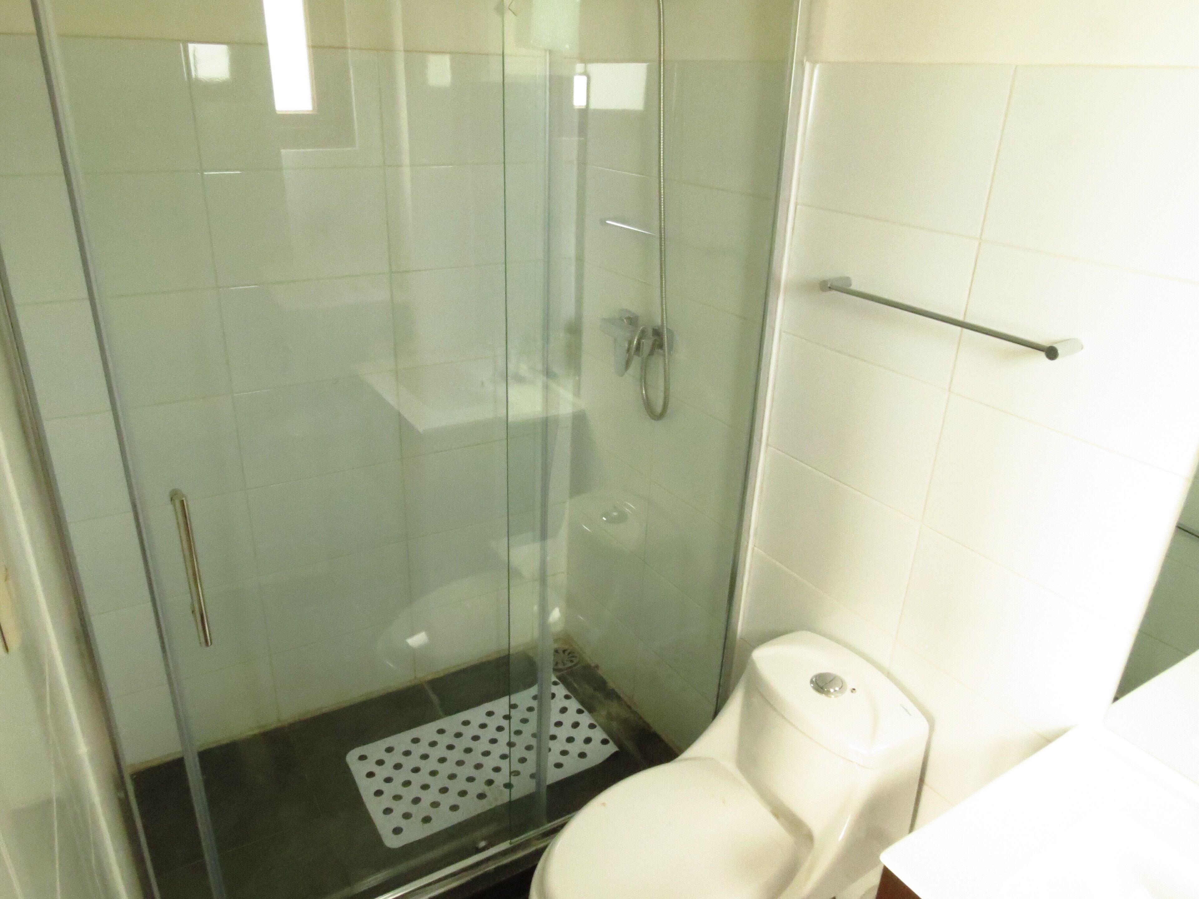 Een badkamer met een douchecabine van glas, een wit toilet en een metalen handdoekrek.