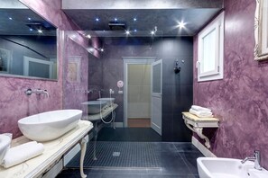 Shower, hair dryer, bidet, towels