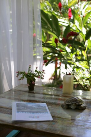 A small table with a potted plant, a candle, and a turtle figurine. - Casa Blanca Villas Ojochal (Ciudad Cortés)