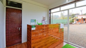 Un espace d’accueil doté d’un comptoir en bois, d’une porte ornée de sculptures complexes et offrant une vue sur l’extérieur grâce à de grandes fenêtres.