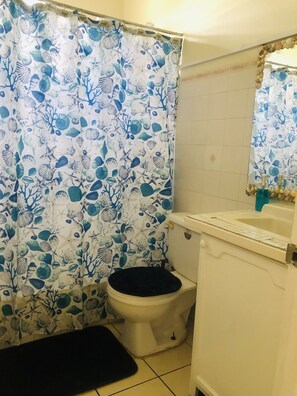 Shower, towels, soap, toilet paper