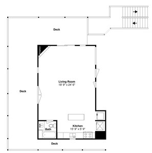 A floor plan of a house with a living room measuring 18' 9" x 24' 6", a kitchen measuring 15' 9" x 5' 9", and a bathroom. There is a deck area adjacent to the living room and kitchen. - Wonderland Cove by Jackson Mountain Rentals (Dandridge)