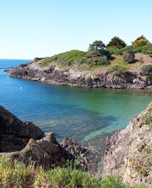 A coastal landscape with rocky cliffs, clear water, and sparse vegetation.