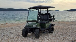 Un carrito de golf estacionado en una playa pedregosa, con un cuerpo de agua y colinas distantes al fondo.