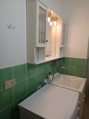 Combined shower/tub, hair dryer, bidet, towels