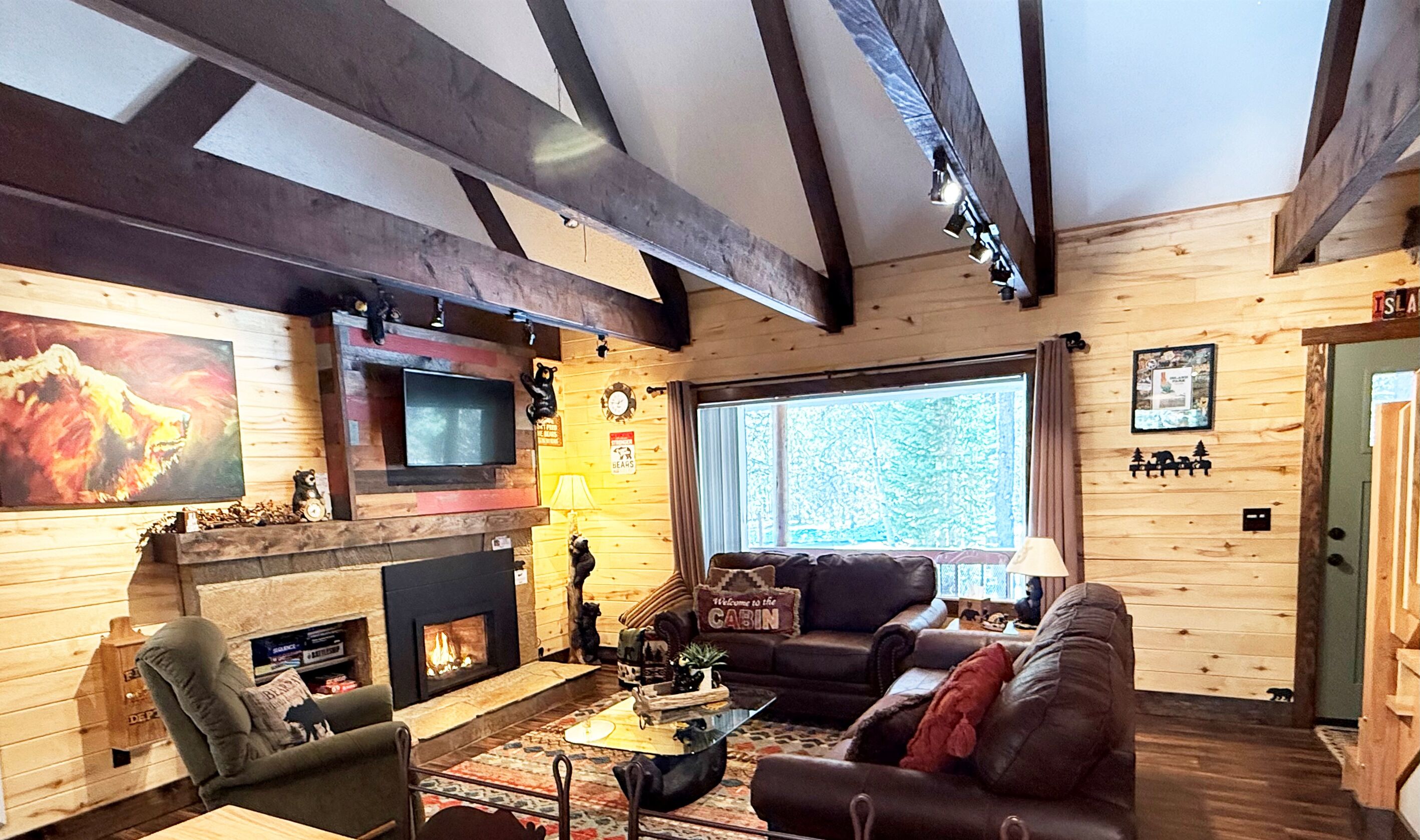 Smart TV, fireplace, video games, books