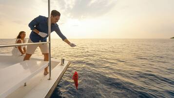A boat with a metal railing and a person in a blue shirt standing on the deck.