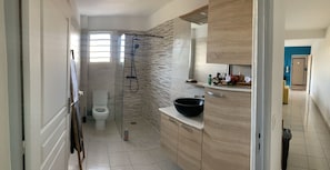 Shower, towels, soap, toilet paper