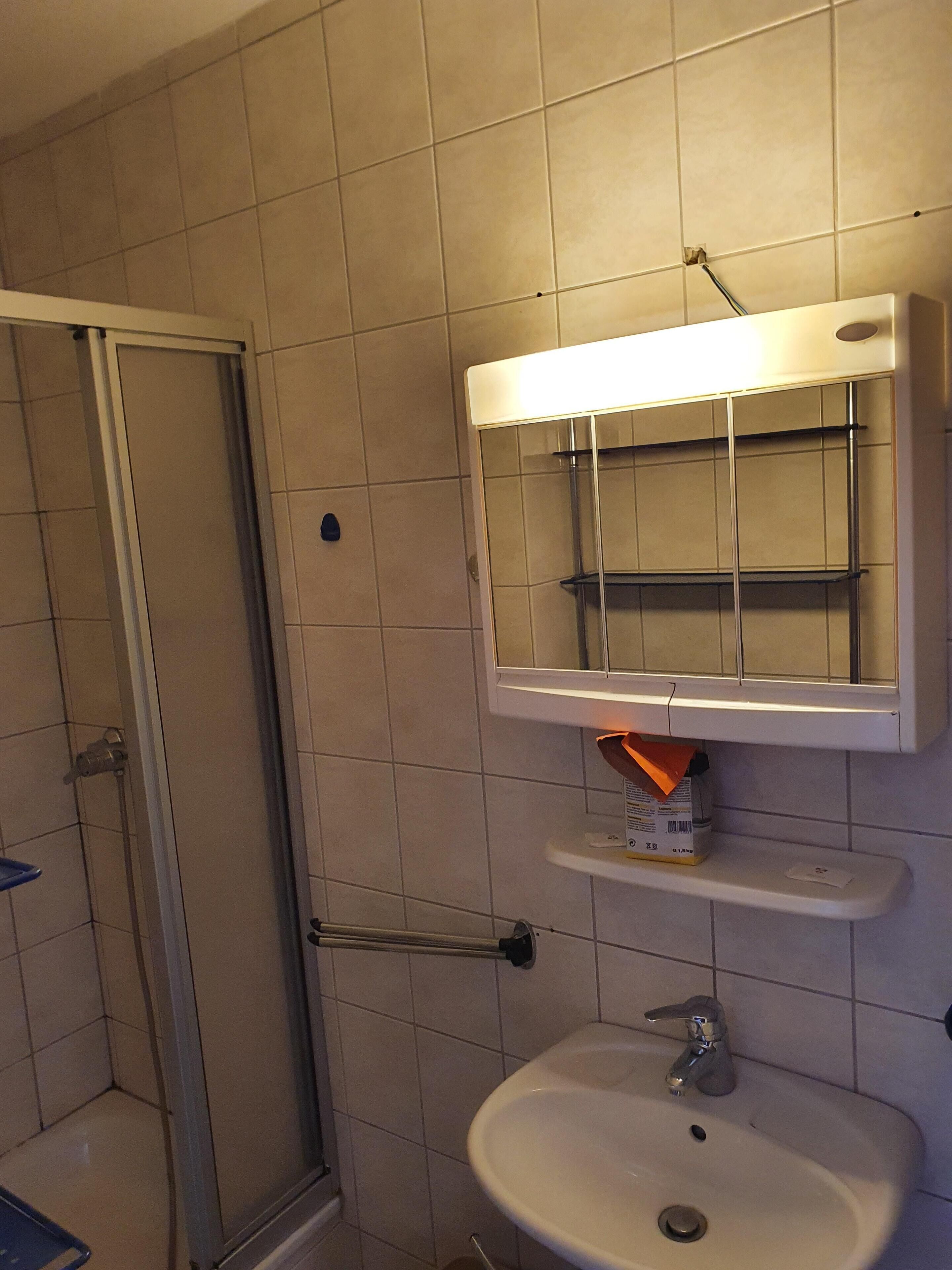 Un baño con ducha, lavabo y espejo.