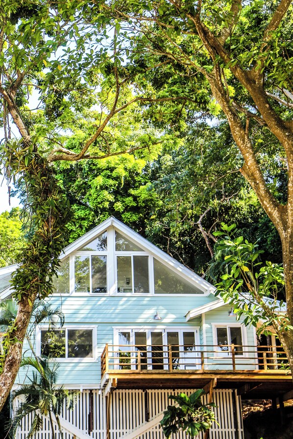 Une maison bleu clair avec un balcon blanc, entourée d’un feuillage verdoyant et dense et d’arbres.