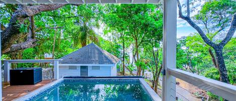 Une piscine couverte dotée d’une terrasse en bois, entourée d’une végétation luxuriante et d’un petit bâtiment blanc.