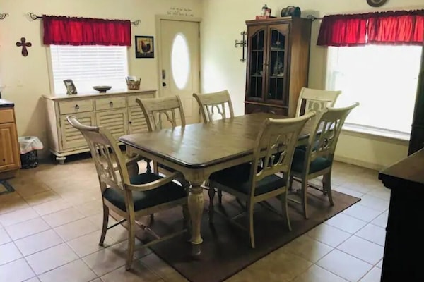 Spacious fully stocked kitchen.