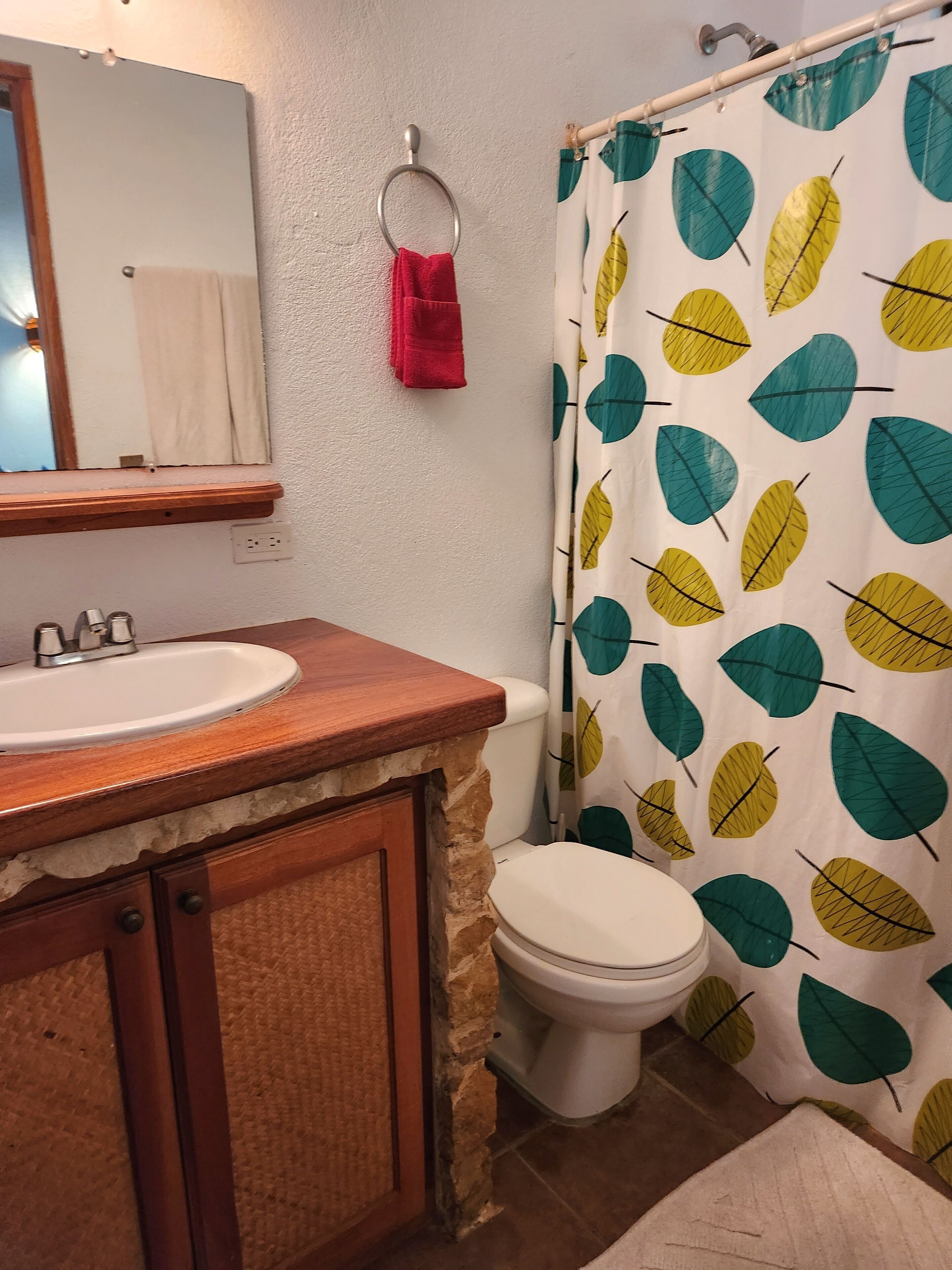 A bathroom with a wooden vanity, a white sink, a toilet, and a shower curtain with a leaf pattern.