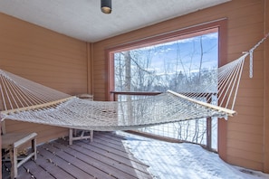 A hammock in a room with wooden walls and a large window.