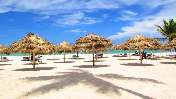 A beach with thatched umbrellas and lounge chairs.