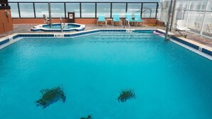 A swimming pool with clear water, two sea turtles, and a view of the sky through large windows.