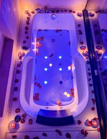 Designer toiletries, hair dryer, heated floors, towels