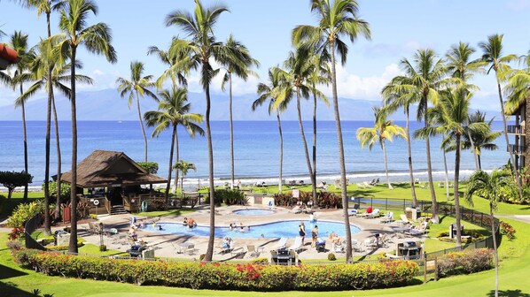 Relax by the central pool surrounded by lush greenery and palm trees, overlooking a scenic ocean view.