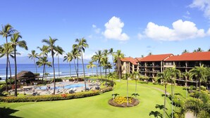 Un resort con piscina, palmeras y vistas al océano.