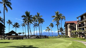 A golf course with a view of the ocean and mountains, surrounded by palm trees and hotel buildings. - Stunning Ocean Views From Highly Upgraded 2 Bedroom Condo: Papakea K303 (Lahaina)