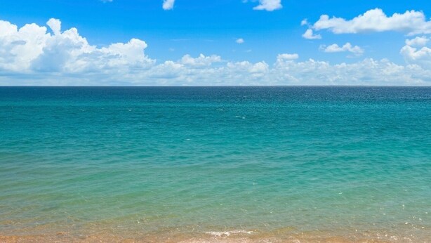 Una spiaggia con acque cristalline turchesi e una vasta distesa di sabbia sotto un cielo azzurro intenso.