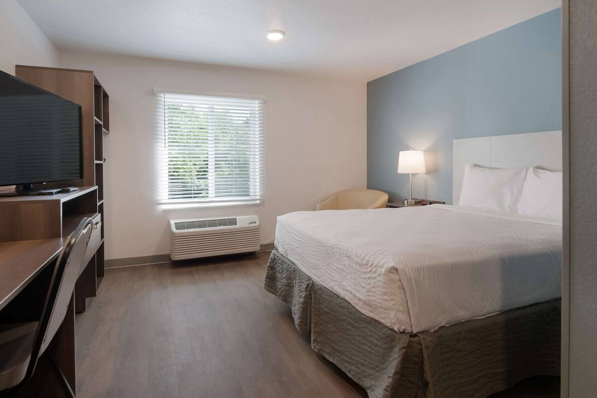 A hotel room with a bed, a desk, a chair, a TV, a window with blinds, and a nightstand with a lamp.