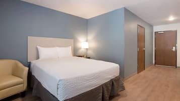 Habitación de hotel con cama, mesita de noche, lámpara, silla y dos puertas.