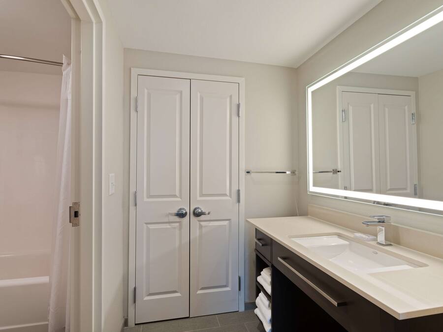 A modern bathroom with a double vanity, a large mirror, and a walk-in shower.
