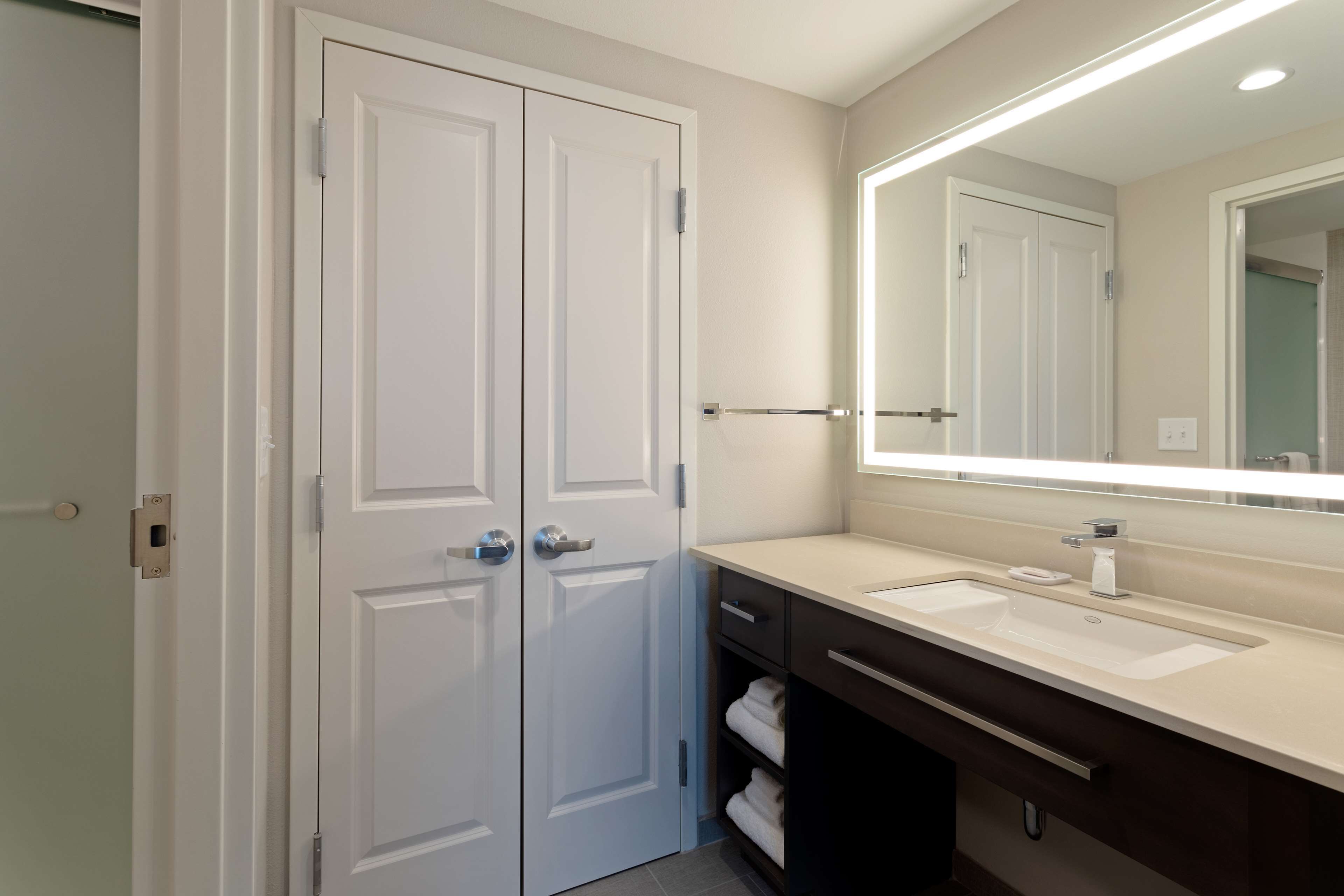 A modern bathroom with a double door, a large mirror, a sink, and a towel rack.