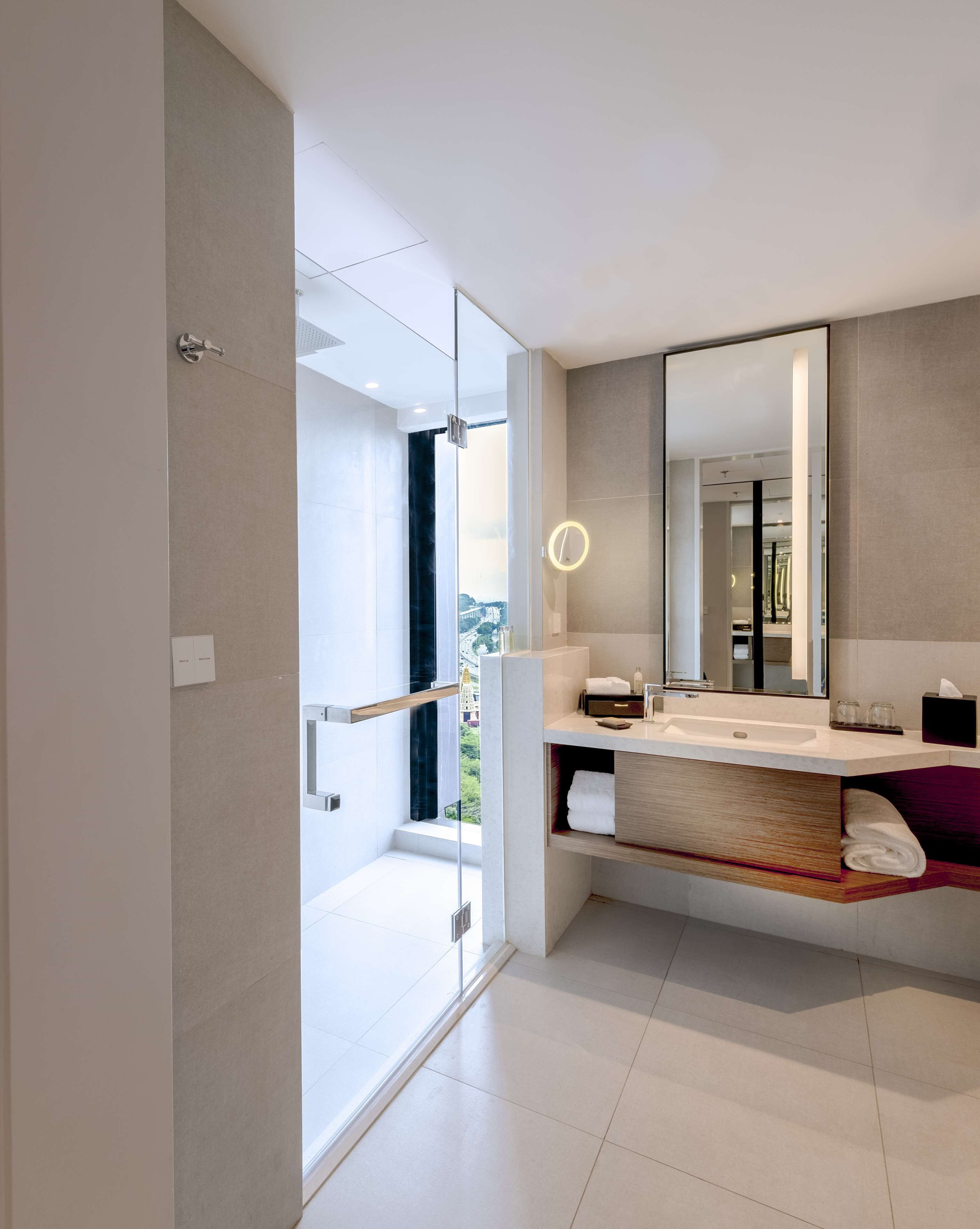 Un baño moderno con mampara de vidrio, tocador con espejo y vistas al exterior.